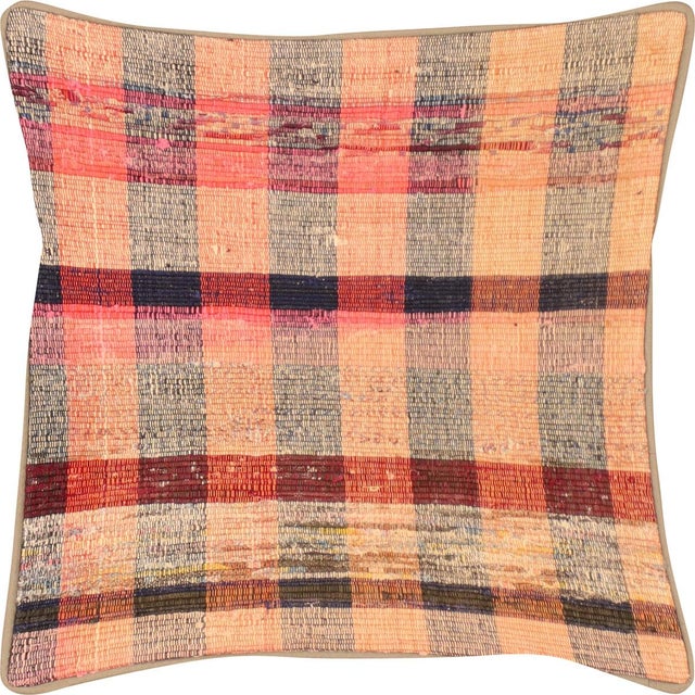 1960s Turkish Rag Pillow. Sewn with fragments of vintage hand made Anatolian cotton & linen kilims. Fiber fill. 523004