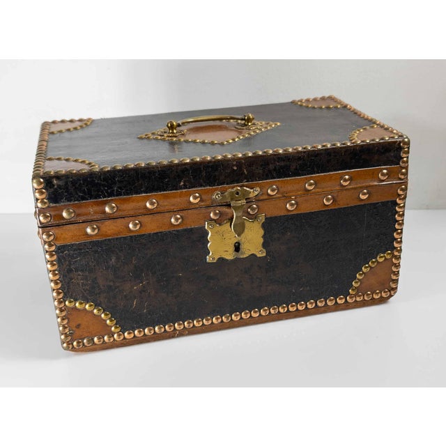 French 20th Century French Studded Leather Document Box With Paper Lined Interior For Sale - Image 3 of 14