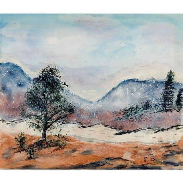 Mid 20th Century Modernist Winter Landscape Painting Watercolor on Paper landscape, Signed E.B. lower right corner...
