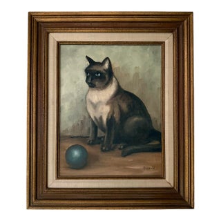 Cat With Ball Framed Oil Painting For Sale