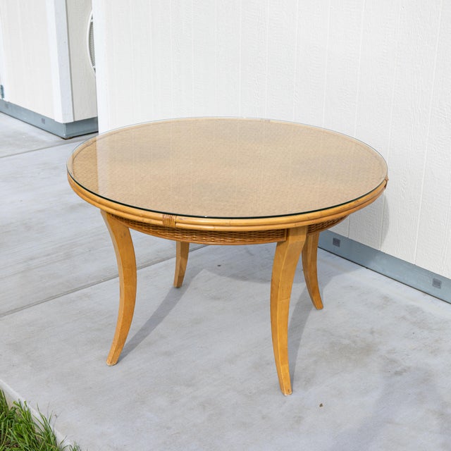 Vintage Round Woven Wicker & Rattan Herringbone Parquetry Dining Table - 48" For Sale - Image 12 of 13