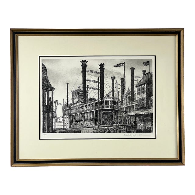1980s Framed Etching “Steamboat Robert E. Lee” by Alan Jay Gaines For Sale