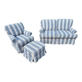 Country Coastal Cottage Style Slipcovered Loveseat, Chair and Ottoman Set by Lillian August Couture / Lee Industries For Sale