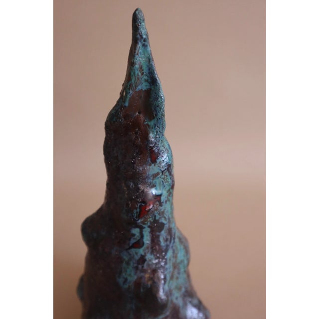 Mid Century abstract brutalist handmade clay sculpture. Striking turquoise and red glazes over textured surface of sharply...
