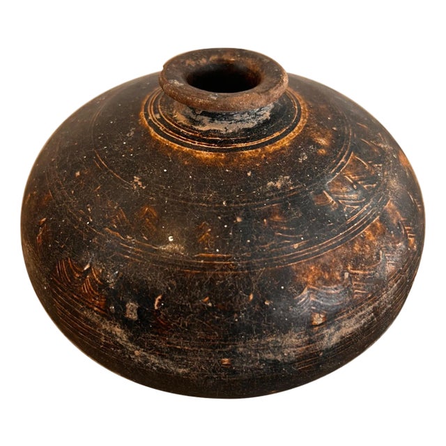 Late 19th Century Black/Brown Etched Burmese Ceramic Vessel For Sale
