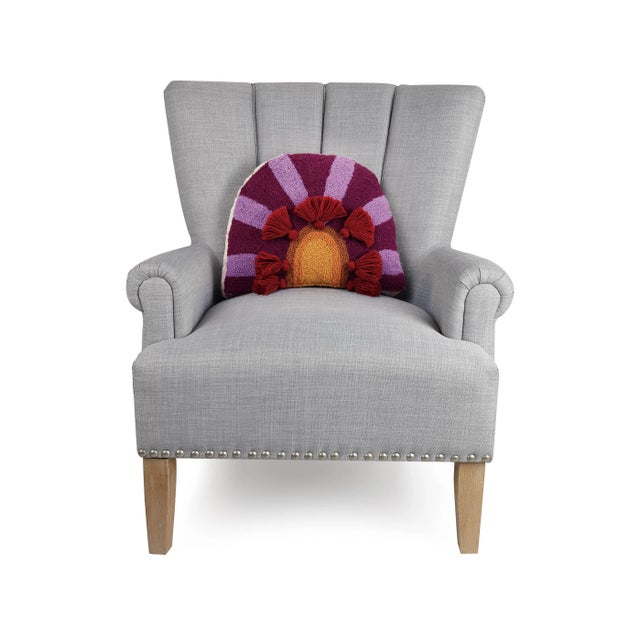 100% Wool Hooked throw pillow. Velvet/Cotton backing. Polyester Blown-in filled. Care Instructions: Spot Clean.