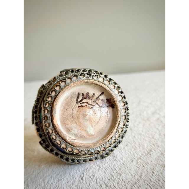 Ceramic Antique Moroccan Hand-Painted Ceramic Vase With Intricate Metal Filigree Overlay, Double Handle Moorish Vessel For Sale - Image 7 of 9