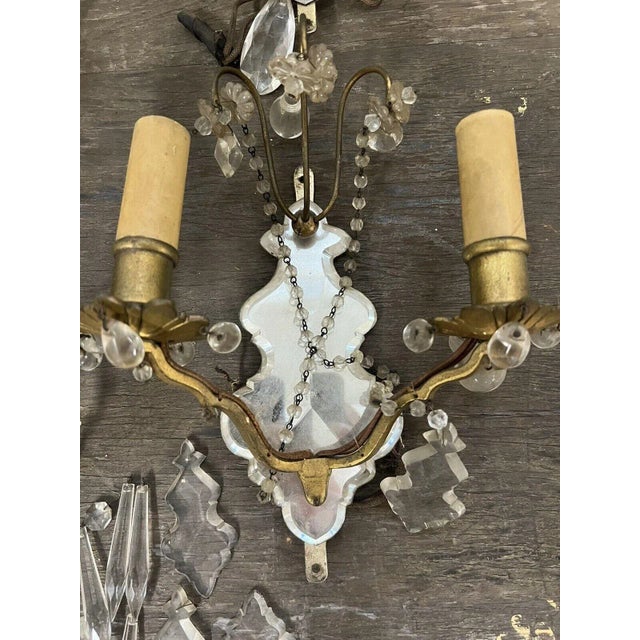 1920's e.f. Caldwell Regency Beveled Mirror Cut Crystal Back Bronze Wall Sconces Set of 3 For Sale - Image 4 of 12