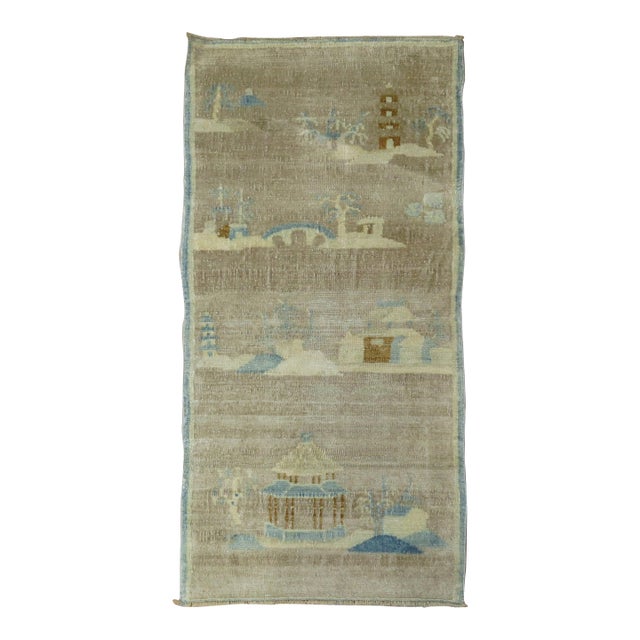 Pictorial Silver Brown Baby Blue Chinese Art Deco Mat Size Rug - 1'10" x 3'7" For Sale