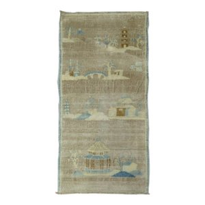 Pictorial Silver Brown Baby Blue Chinese Art Deco Mat Size Rug