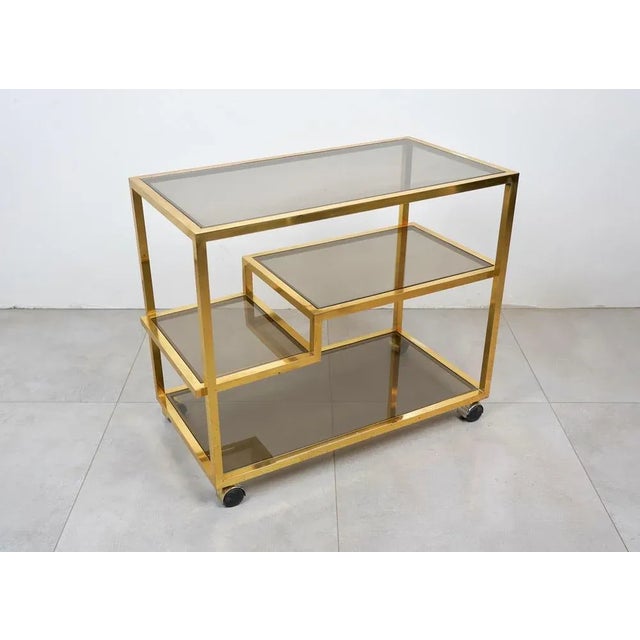 Serving Bar Cart in Brass and Smoked Glass, Italy, 1970s For Sale - Image 4 of 15