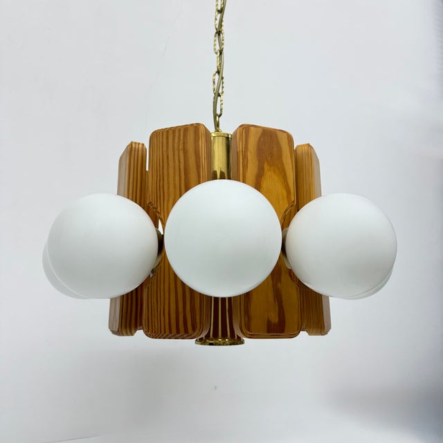 Vintage Pine Wooden Chandelier with Glass Globes, 1970s, in Good conditions. Designed 1970 to 1979 Up to 250V (Europe/UK...