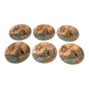 Circa 1900 American Impressionist Style Forest Cabin Landscape Motif Hand-Painted Porcelain Gilded Rim Appetizer Plates - Set of 6