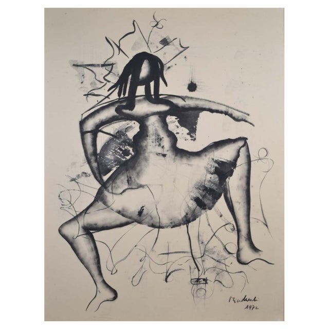 László Mindszenti, Figure, Ink on Paper on Cardboard, 1972 For Sale