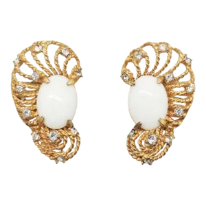 Vintage 1960s Signed Hattie Carnegie White Cabochon Clip Earrings - 2 Pieces
