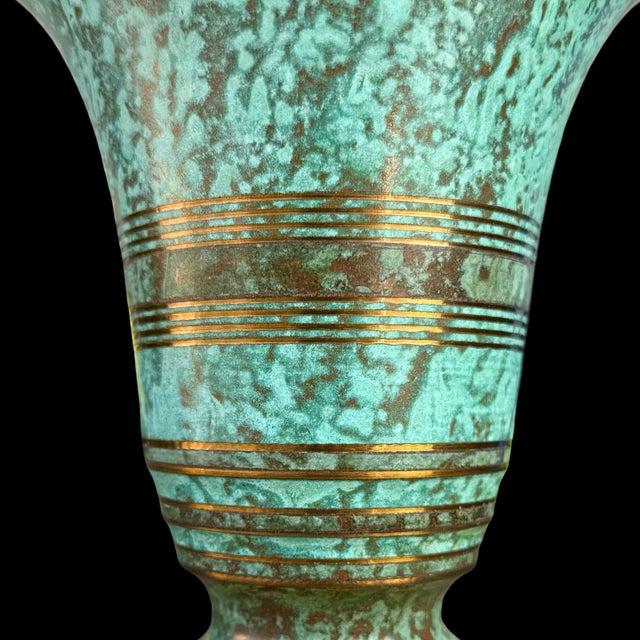 Carl Sorensen Vintage Carl Sorensen Art Deco Verdigris Bronze Trumpet Vase With Gilt Rings For Sale - Image 4 of 8