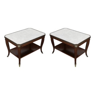 1950s Pair of Directoire Style Mahogany Marble Top End Tables (26.5 X 18 X 18h) For Sale