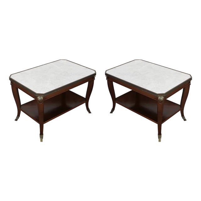 1950s Pair of Directoire Style Mahogany Marble Top End Tables (26.5 X 18 X 18h) For Sale