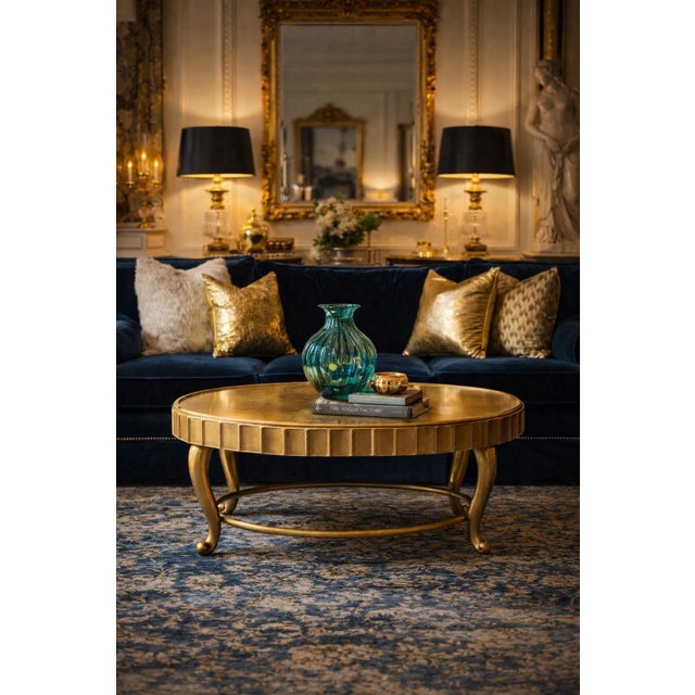 Vintage Hollywood Regency Oval Coffee Table by Decca With Fluted Apron and Ring Stretche For Sale In Los Angeles - Image 6 of 9