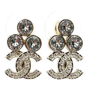 Chanel Brand New Gold 3 Round Crystal CC Small Piercing Earrings - 2 Pieces