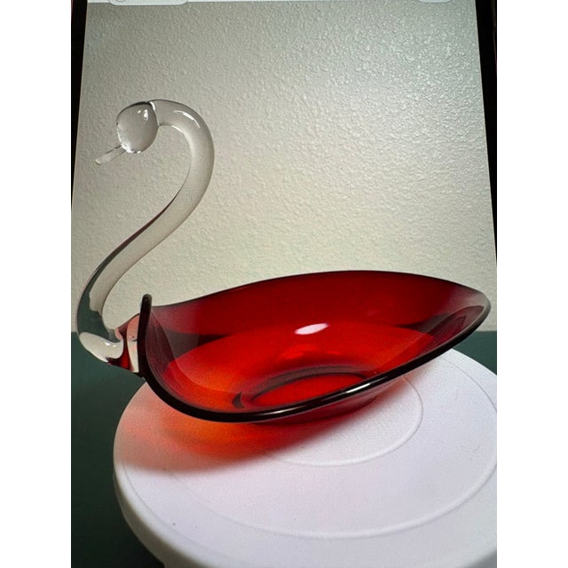 Mid-Century Modern 1950s Duncan and Miller Ruby Red Cranberry Glass Swan Bowl For Sale - Image 3 of 6