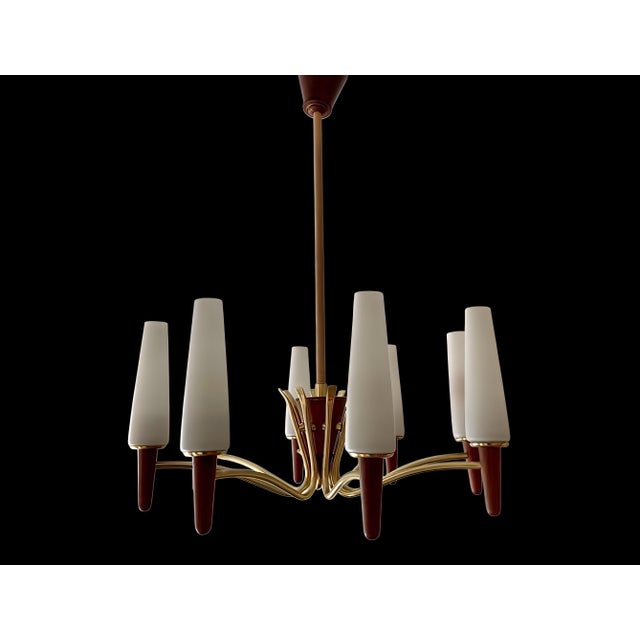 Stilnovo Large Mid-Century Modern Scandinavian Teak, Glass, & Brass Chandelier in the style of Stilnovo, 1960s For Sale - Image 4 of 14
