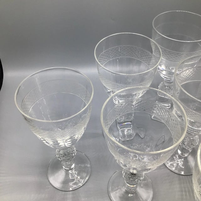 Morgantown "Eton" Water/Wine Goblets Cut Ball Stem, With Cross Hatch Band -Set of 6 Crystal Glasses For Sale - Image 11 of 13