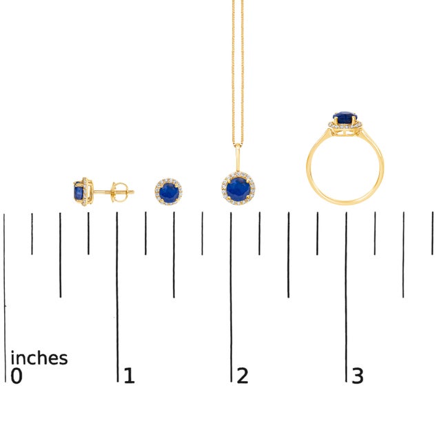 10K Yellow Gold Blue Sapphire and 3/8 Cttw Diamond Halo Jewelry Set (Earrings, Pendant & Ring) For Sale In New York - Image 6 of 6