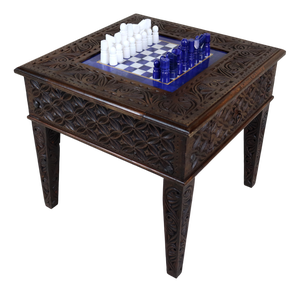 Chess Table with Chess Pieces in Handcarved Cedar, 1990s, Set of 17