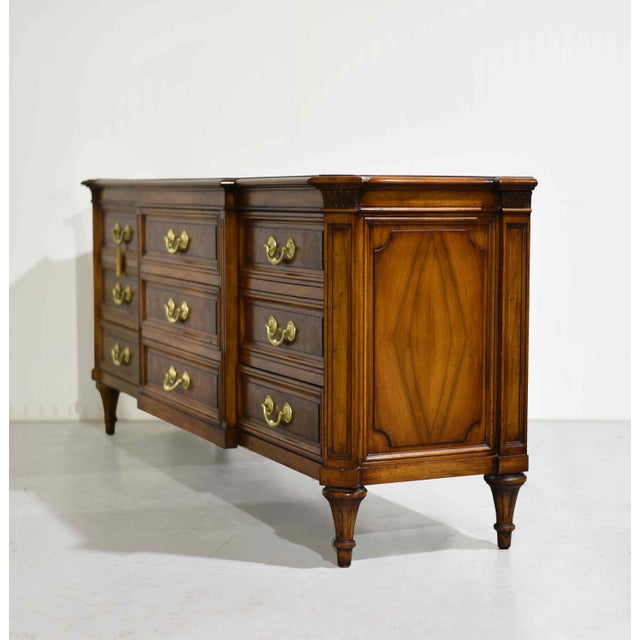 Mid 20th Century Mid Century French Regency Burled Walnut 9-Drawer Dresser With Brass Hardware by Karges Indiana For Sale - Image 5 of 14
