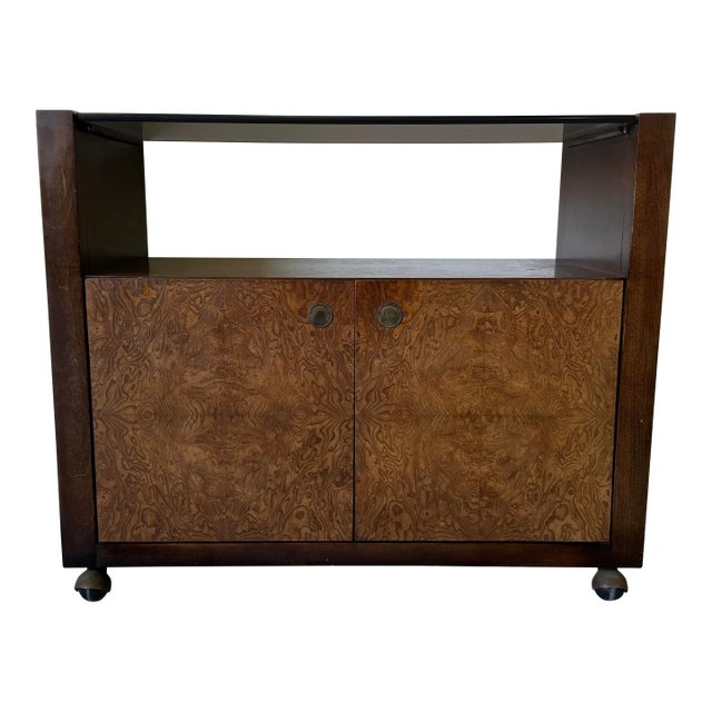 Mid Century Milo Baughman Style Burlwood & Brass Bar Cart With Glass Top For Sale