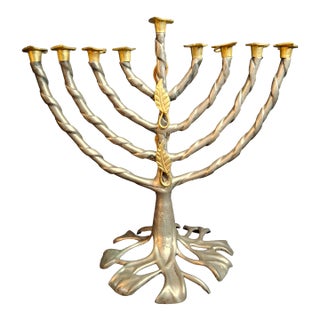 VTG Fred Spinowitz Tree of Life Menorah Signed Judaica Silver Tone Brass Leaves For Sale