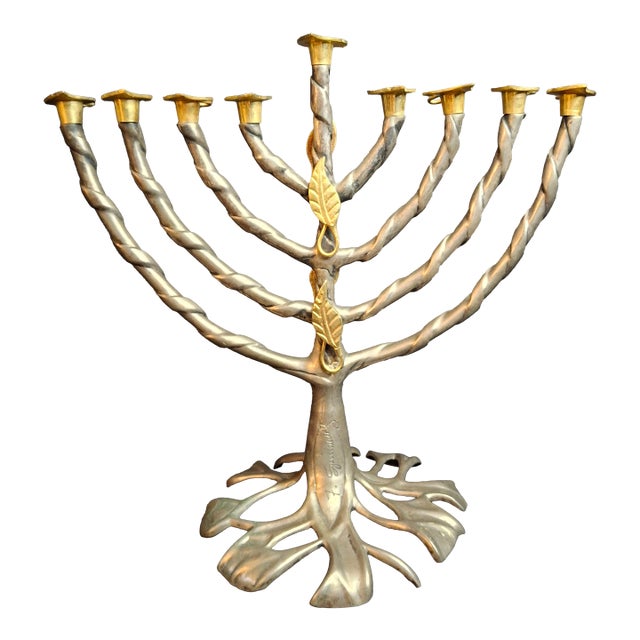 VTG Fred Spinowitz Tree of Life Menorah Signed Judaica Silver Tone Brass Leaves For Sale