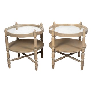 Pair of French Vintage Oak side Tables with Mirrored Tops and Turned Legs For Sale
