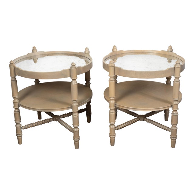 Pair of French Vintage Oak side Tables with Mirrored Tops and Turned Legs For Sale