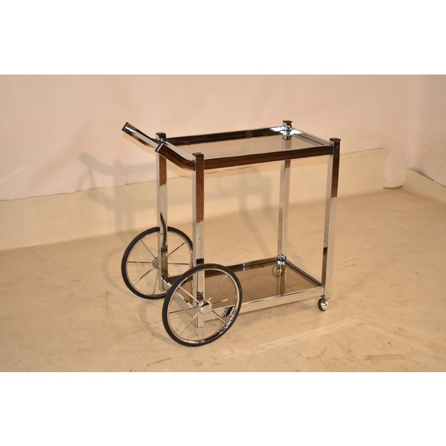 Mid-Century Chrome and Smoked Glass Two Tier Rolling Bar Cart For Sale - Image 9 of 12