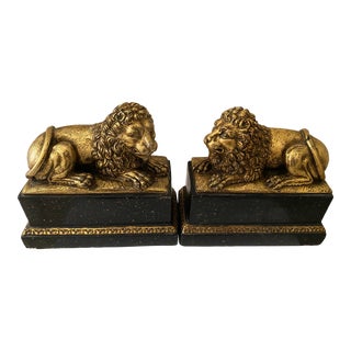 Pair of 1960s Italian Hollywood Regency Gold Gilt Lion Bookends by Borghese For Sale