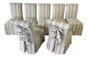 Vintage 80s/90s Designmaster Bow Tie Parsons Style Dining Chairs, a Set of Seven, Skirted, Custom Jacquard Upholstery
