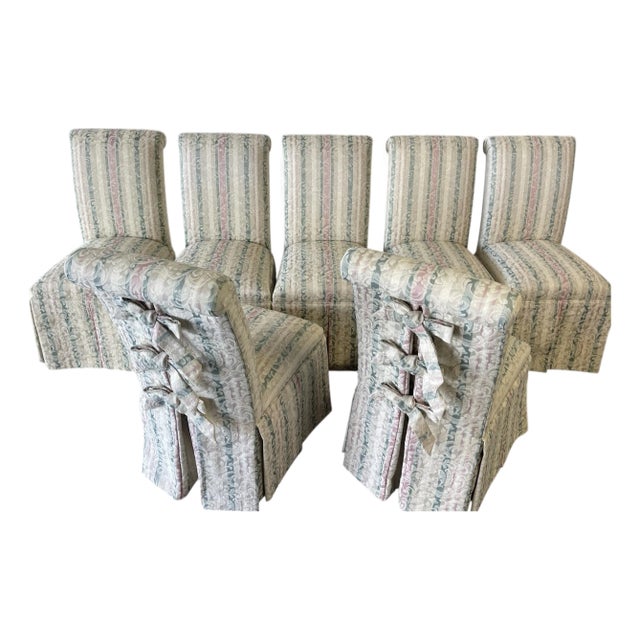 Vintage Designmaster Skirted Parsons Chairs With Bow Tie Backs, Set of 7 For Sale