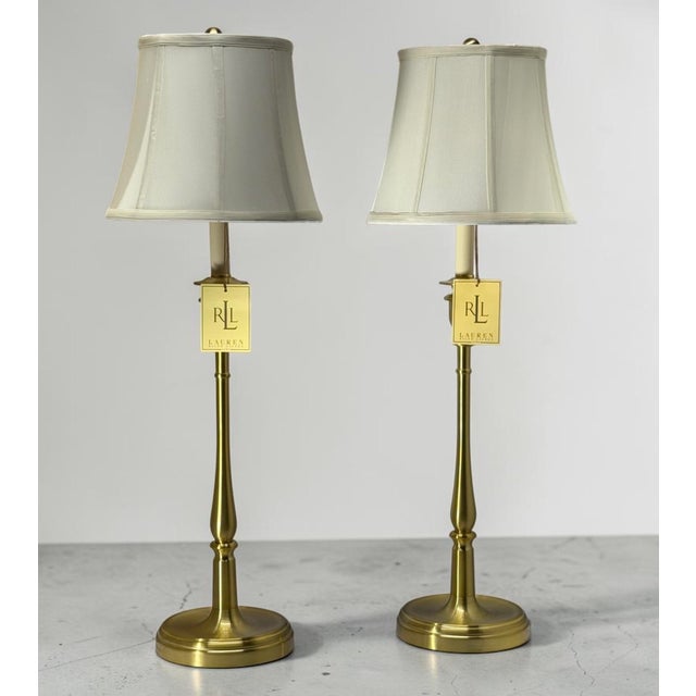 American Pair of Ralph Lauren Polished Brass Buffet Lamps W/ Linen Bell Shades For Sale - Image 3 of 8