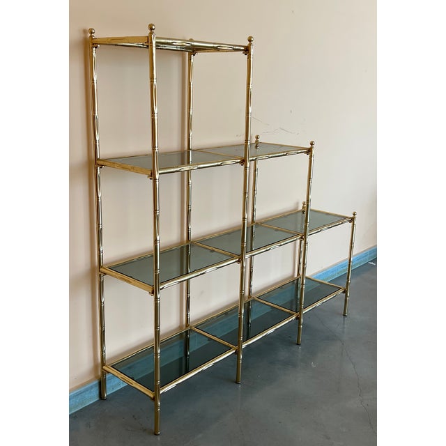 Metal Mid-Century Modern Faux Bamboo Brass Etagere With Stair Form and Smoked Glass For Sale - Image 7 of 12
