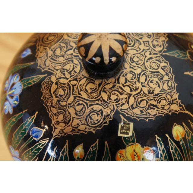 Mid 20th Century India Black Lacquer Kashmir Papier Mache Floral Candy Compote Trinket Box For Sale - Image 11 of 11
