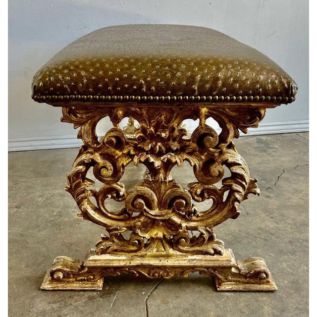 Italian Carved Giltwood Bench W/ Embossed Leather For Sale - Image 14 of 17