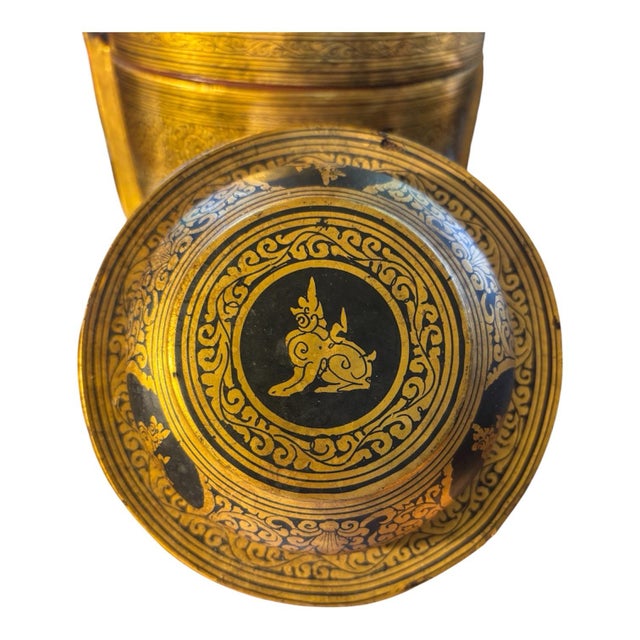 Boho Chic Antique Tiffin Handpainted Dry Lacquer Carrier For Sale - Image 3 of 5