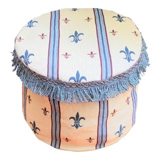 19th Century Vintage Aubusson Style Handwoven Fleur De Lis & Stripe Fringe Round Pouf Cover For Sale