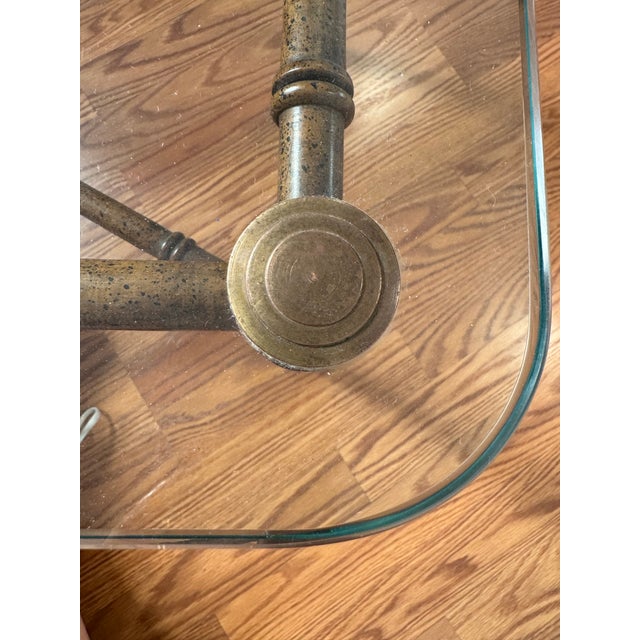Vintage Regency Faux Bamboo Brown Metal, Brass & Glass Coffee Table For Sale - Image 11 of 11