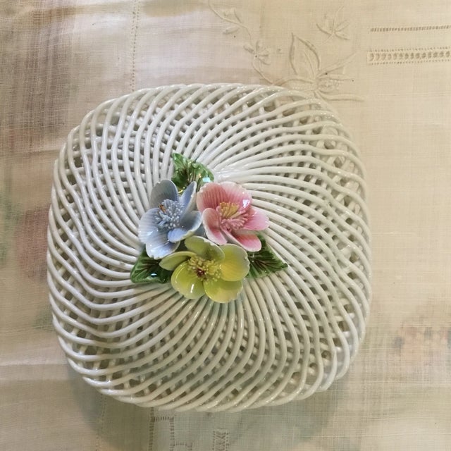 Beautiful White Woven Porcelain Bowl with Lid. Flowers and leaves have a fine workmanship and finish. Made in Spain.