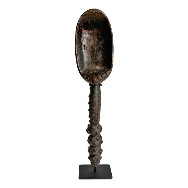 Vintage Dan Ivory Coast African Wood Spoon on Stand For Sale