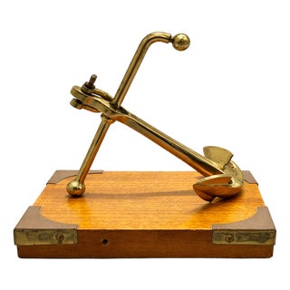 Vintage Mid-Century Brass Anchor Sculpture on Campaign Wooden Base, 1960s For Sale