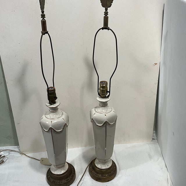 Pair French Empire Neoclassical Mid Century Porcelain Table Lamps Butterfly Finial For Sale - Image 4 of 11